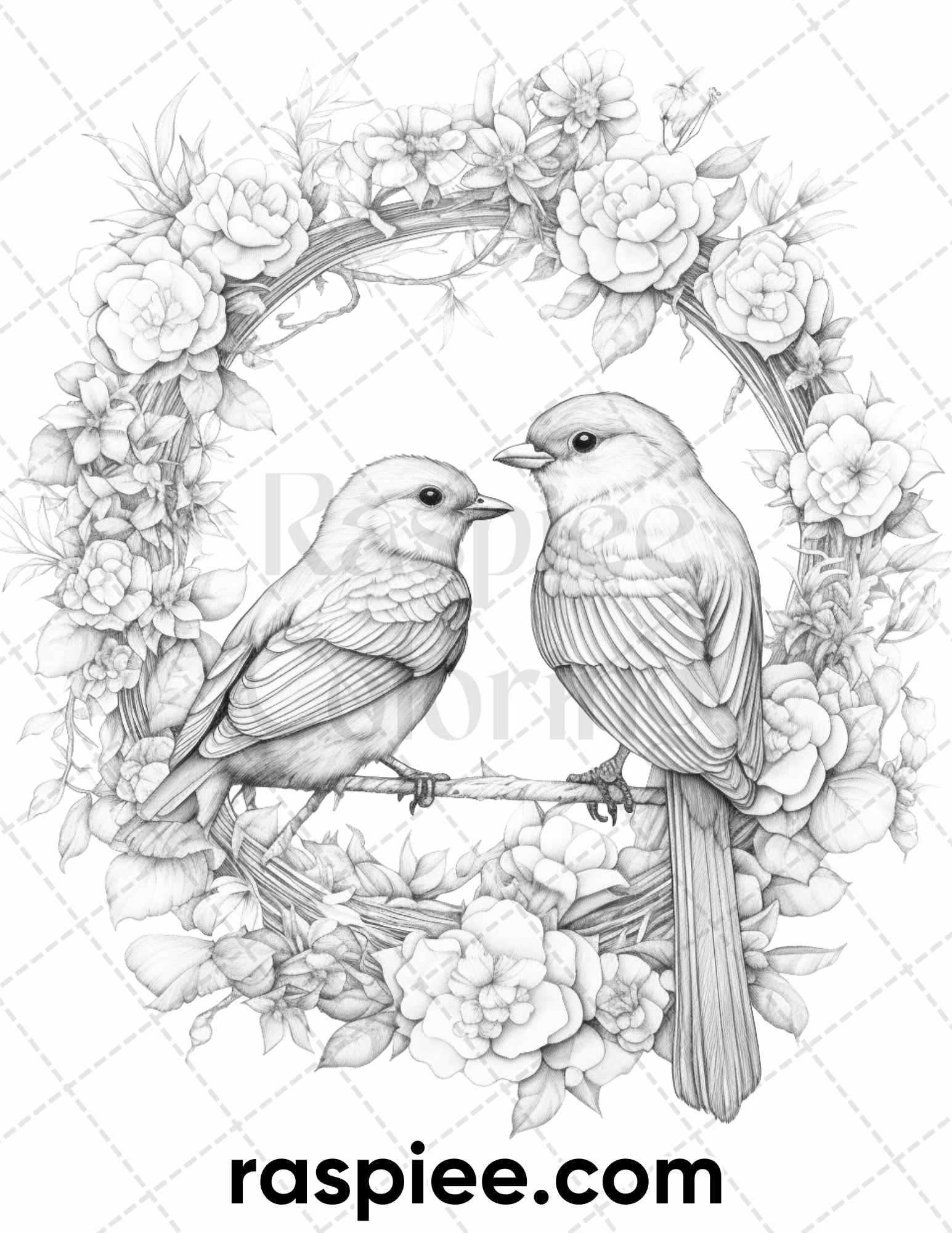50 Lovebird Couple with Flowers Grayscale Coloring Pages for Adults, Printable PDF Instant Download