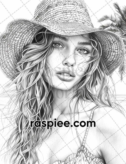 70 Beautiful Tropical Girls Grayscale Adult Coloring Pages Printable PDF Instant Download