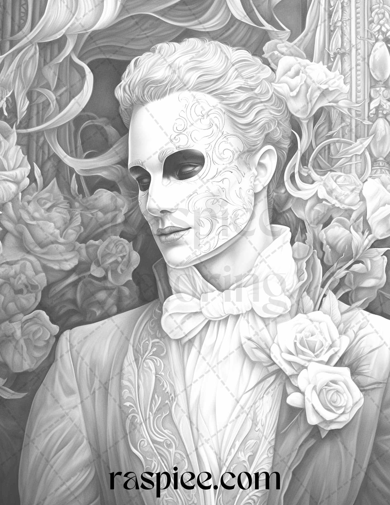 Phantom of the Opera Grayscale Coloring Pages Printable for Adults, PDF File Instant Download
