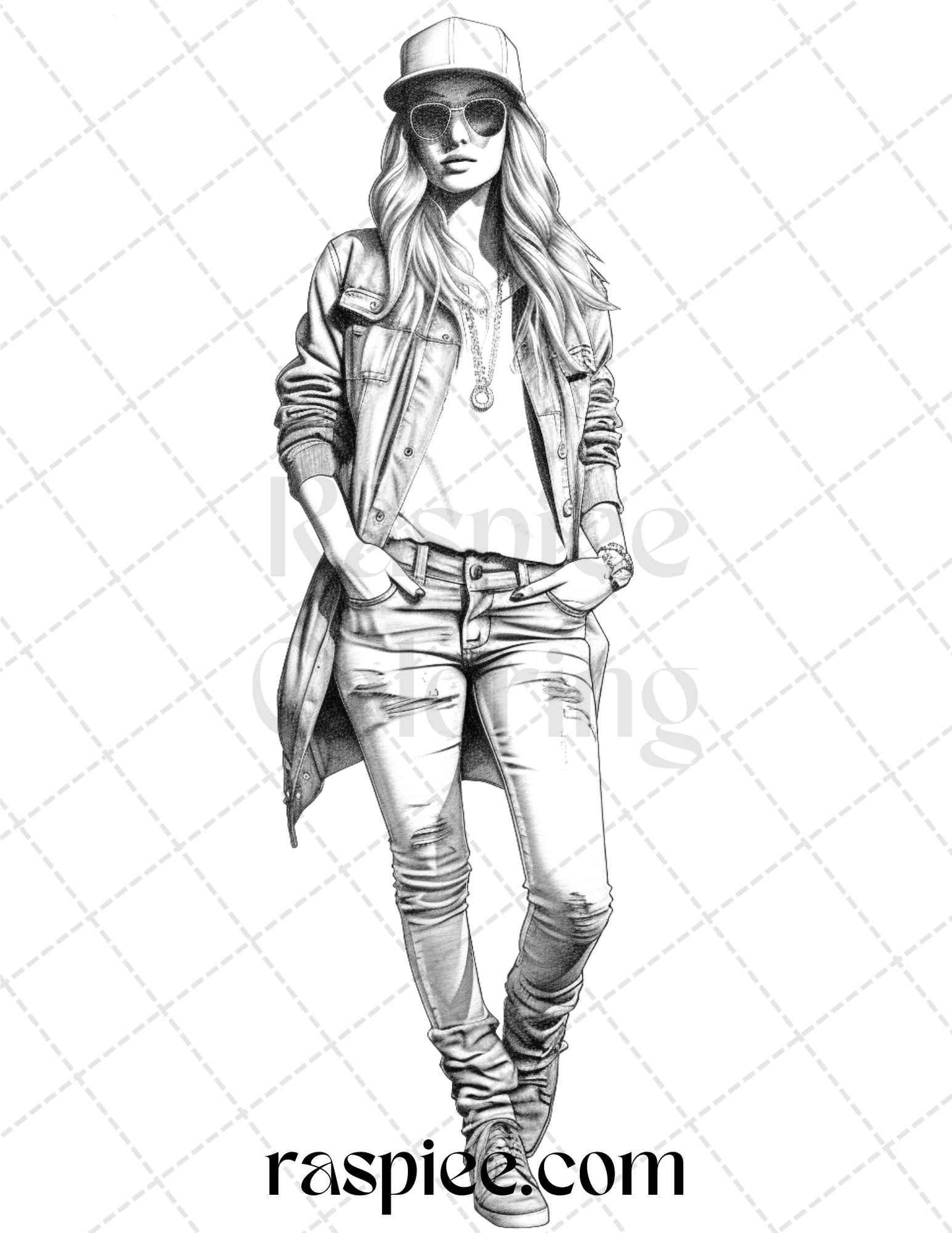 50 Streetwear Fashion Grayscale Coloring Pages Printable for Adults, PDF File Instant Download