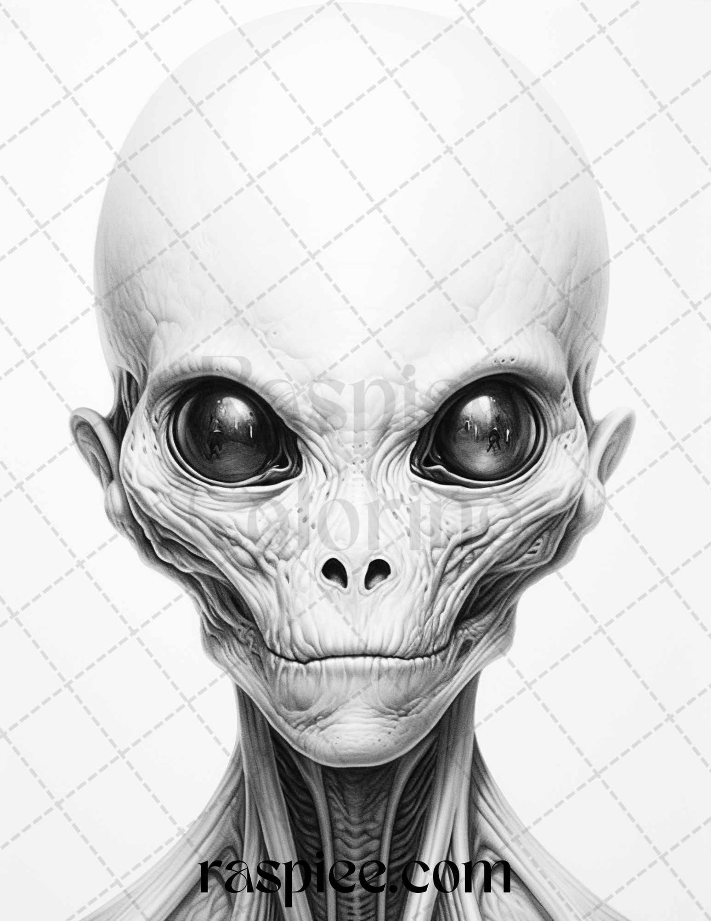 65 Alien Portrait Grayscale Coloring Pages for Adults, Printable PDF File Instant Download