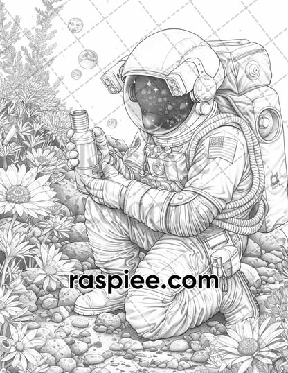 65 Fantasy Astronaut Grayscale Adult Coloring Pages, Printable PDF Instant Download