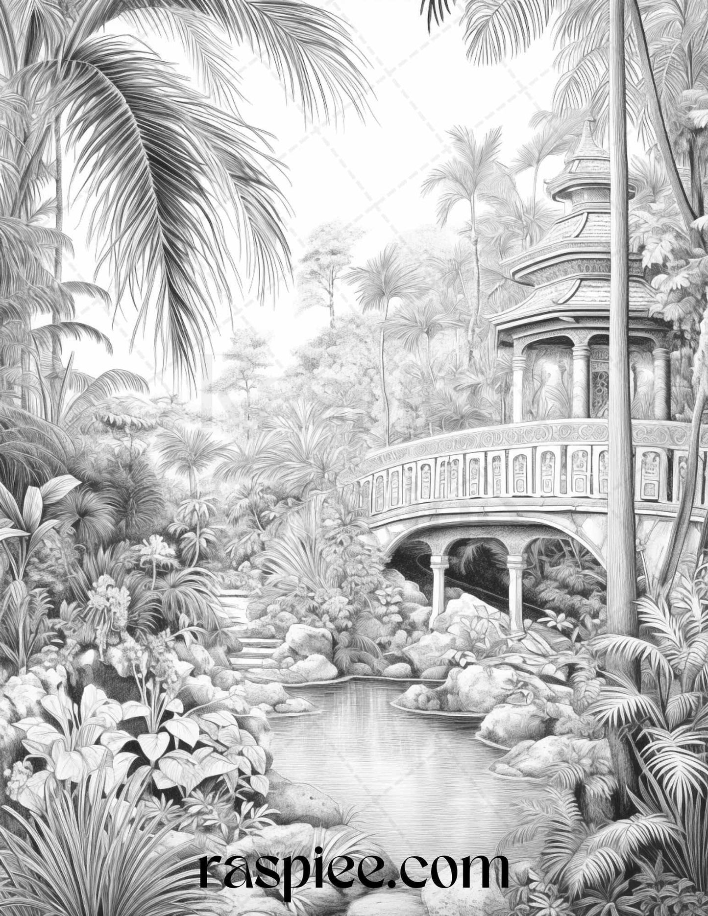 52 Tropical Oasis Grayscale Coloring Pages Printable for Adults, PDF File Instant Download