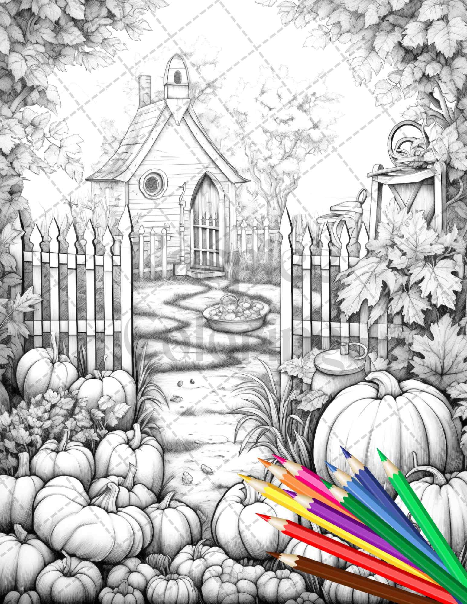 Pumpkin Garden Scenery Grayscale Coloring Pages Printable for Adults, PDF File Instant Download