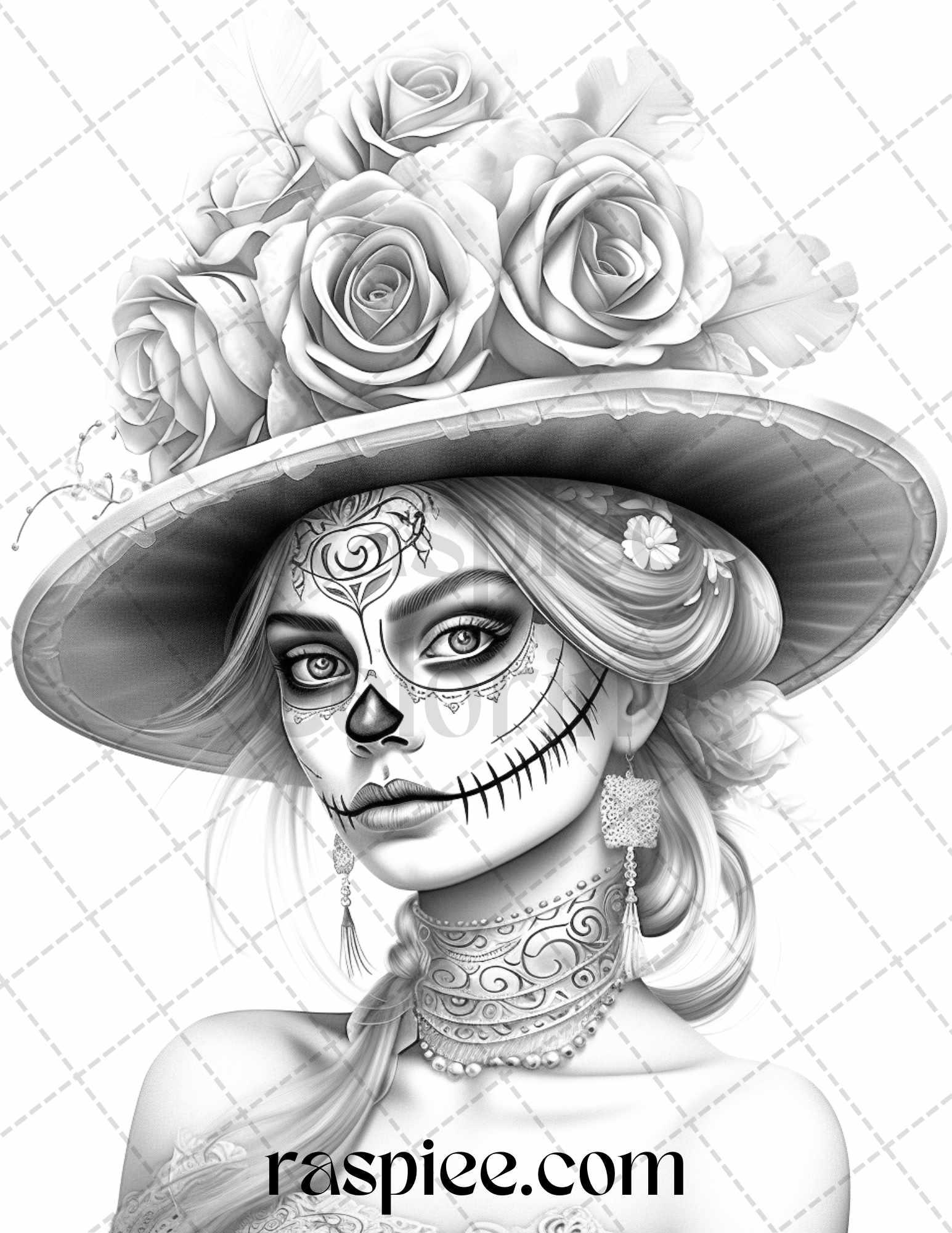 50 Day of the Dead Grayscale Coloring Pages Printable for Adults, PDF File Instant Download