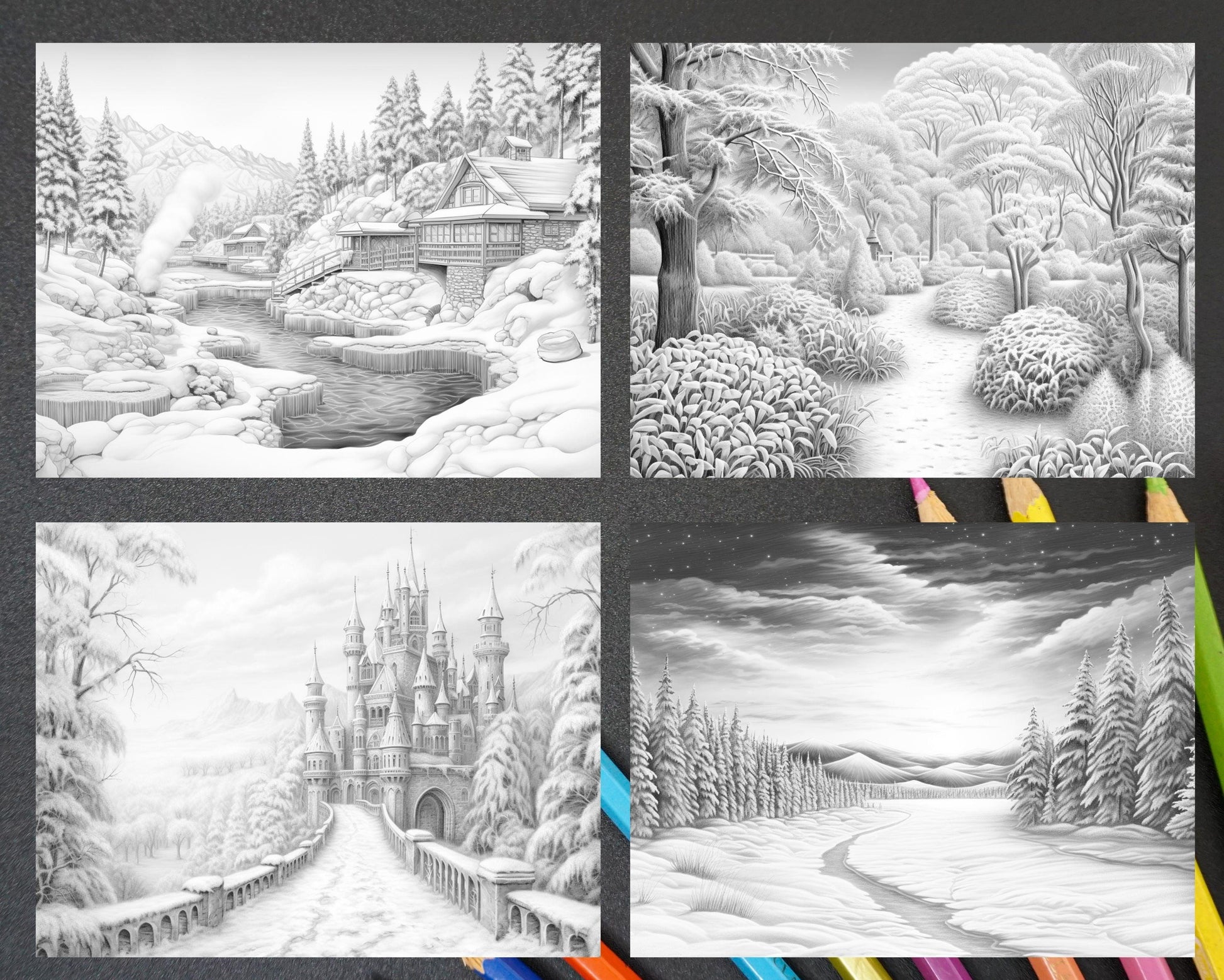 60 Enchanting Winter Landscapes Grayscale Coloring Pages for Adults, Instant PDF Download