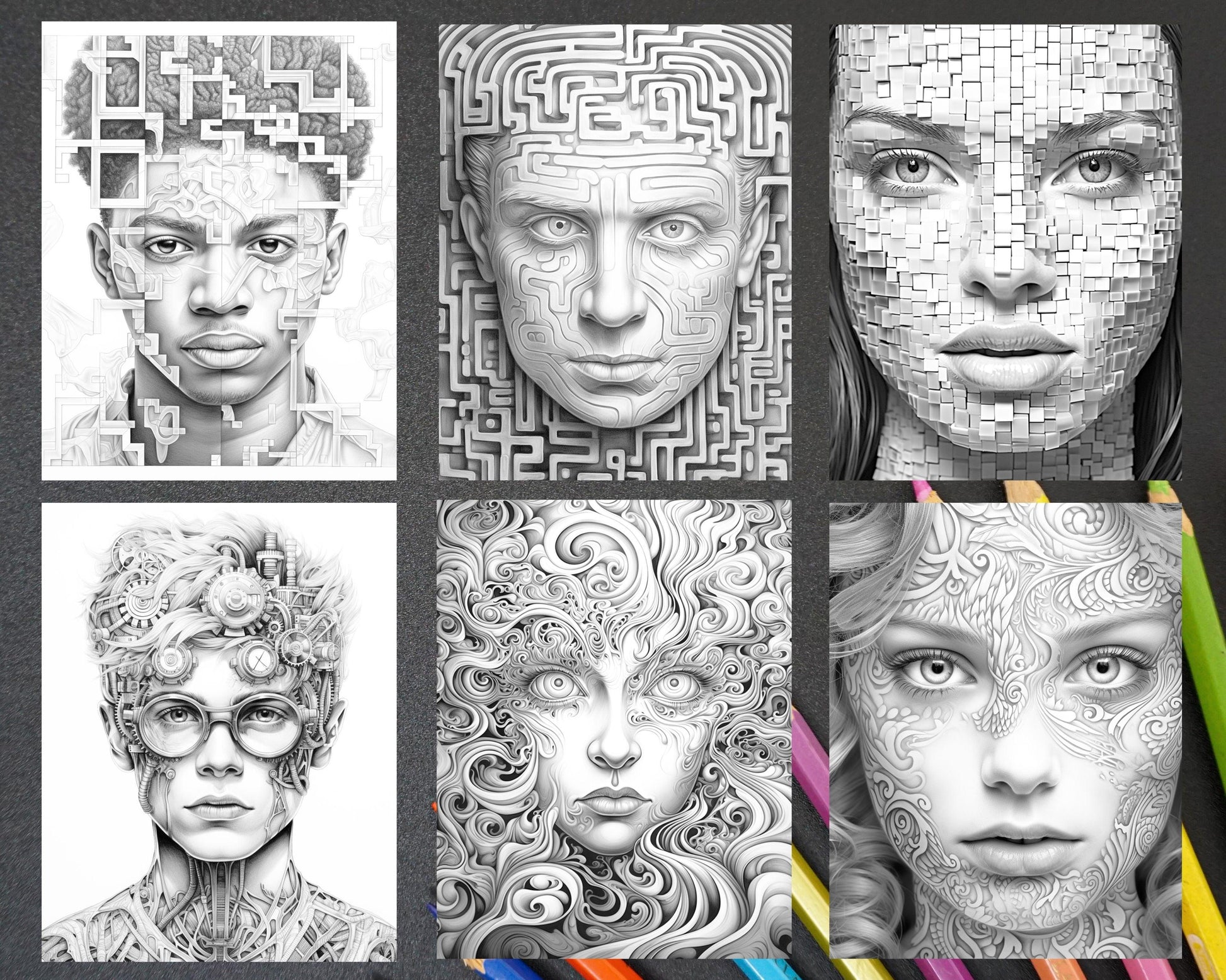 60 Abstract Faces Grayscale Adult Coloring Pages, Printable PDF Instant Download