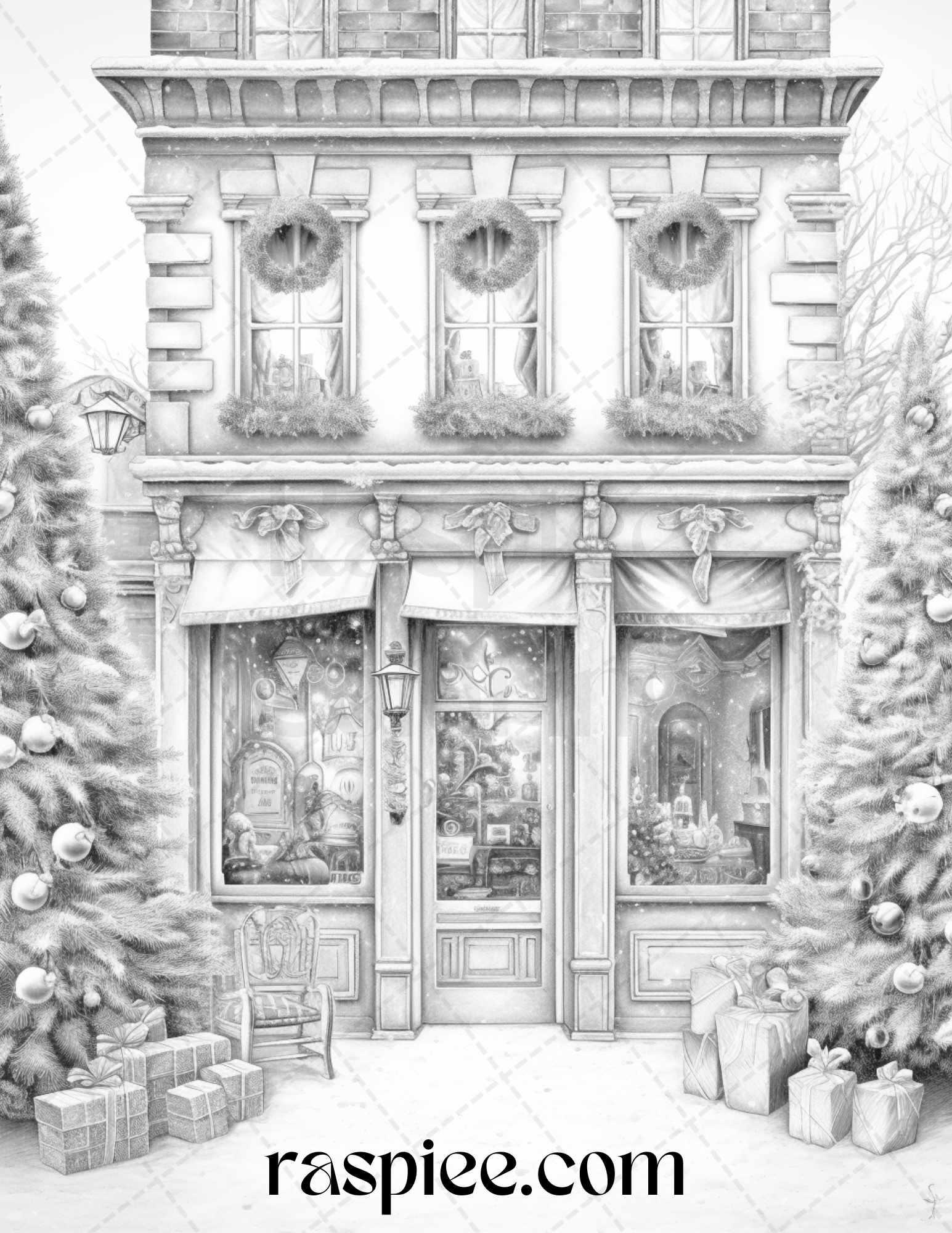 Christmas Store Front Grayscale Coloring Pages for Adults, PDF Printable Instant Download
