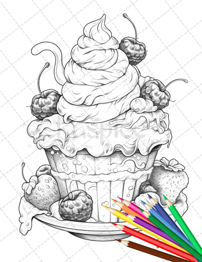 36 Sweet Desserts Coloring Pages Printable for Adults, Grayscale Coloring Page, PDF File Instant Download