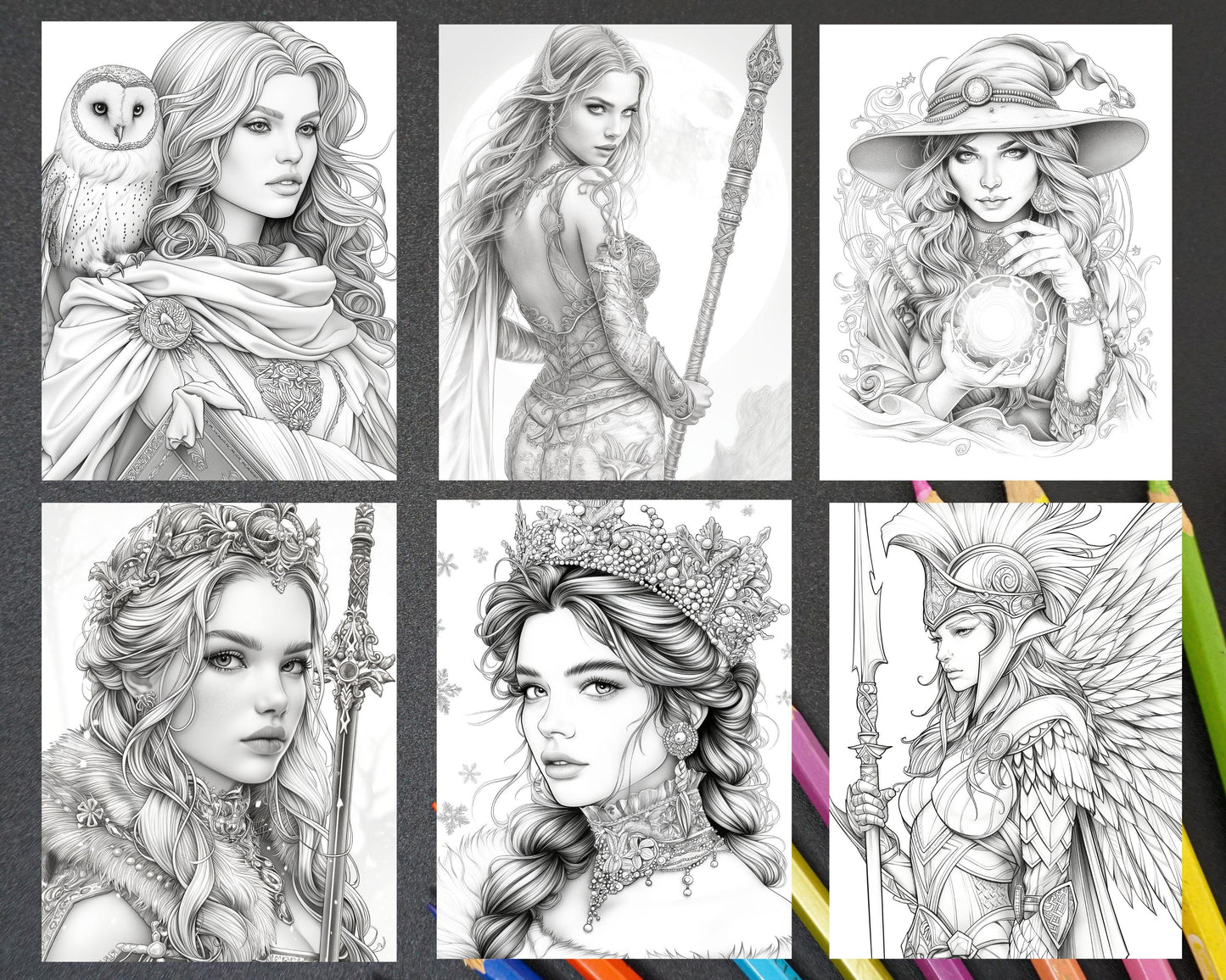 60 Fantasy Beauties Grayscale Adult Coloring Pages Printable PDF Instant Download