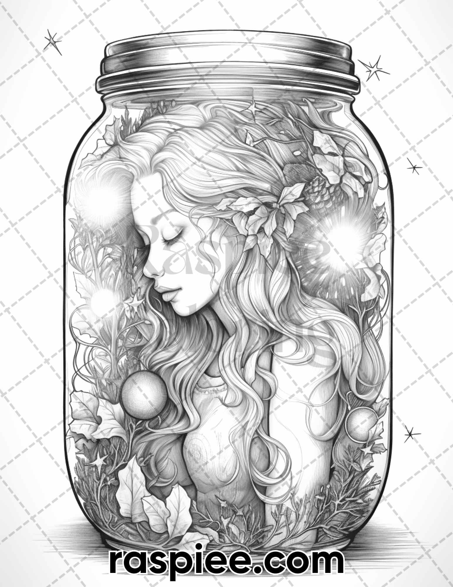 60 Christmas In Jar Grayscale Coloring Pages for Adults, Printable PDF Instant Download