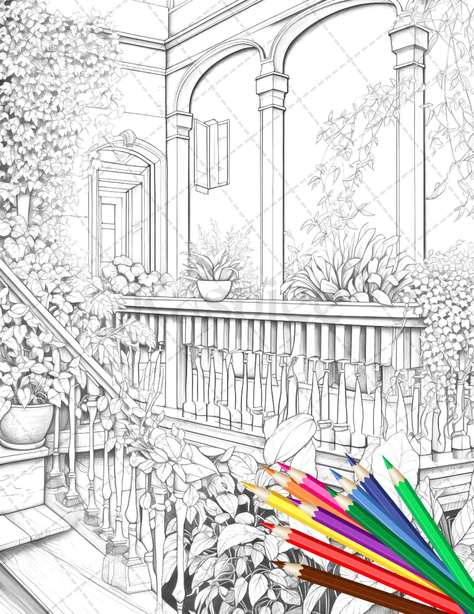 Charming Balcony Garden Grayscale Coloring Pages Printable for Adults, PDF File Instant Download