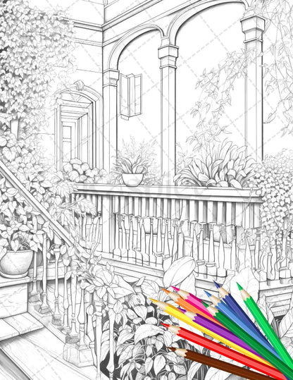 Charming Balcony Garden Grayscale Coloring Pages Printable for Adults, PDF File Instant Download