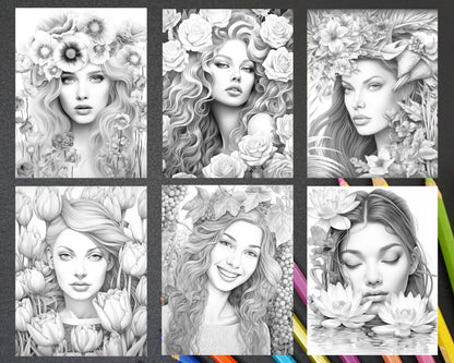 75 Flower Beauties Grayscale Adult Coloring Pages, Printable PDF Instant Download