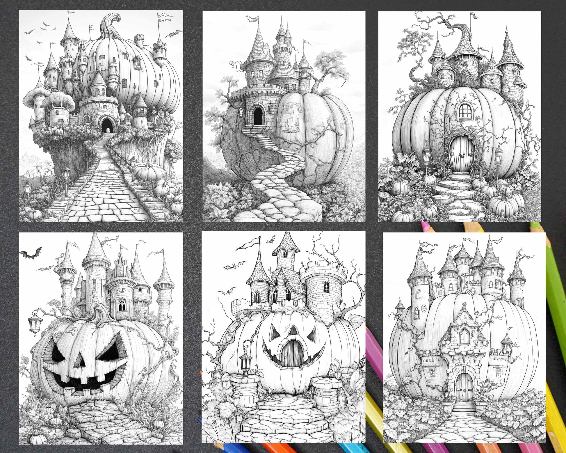 Fantasy Giant Pumpkin Castles Adult Coloring Pages Printable PDF Instant Download