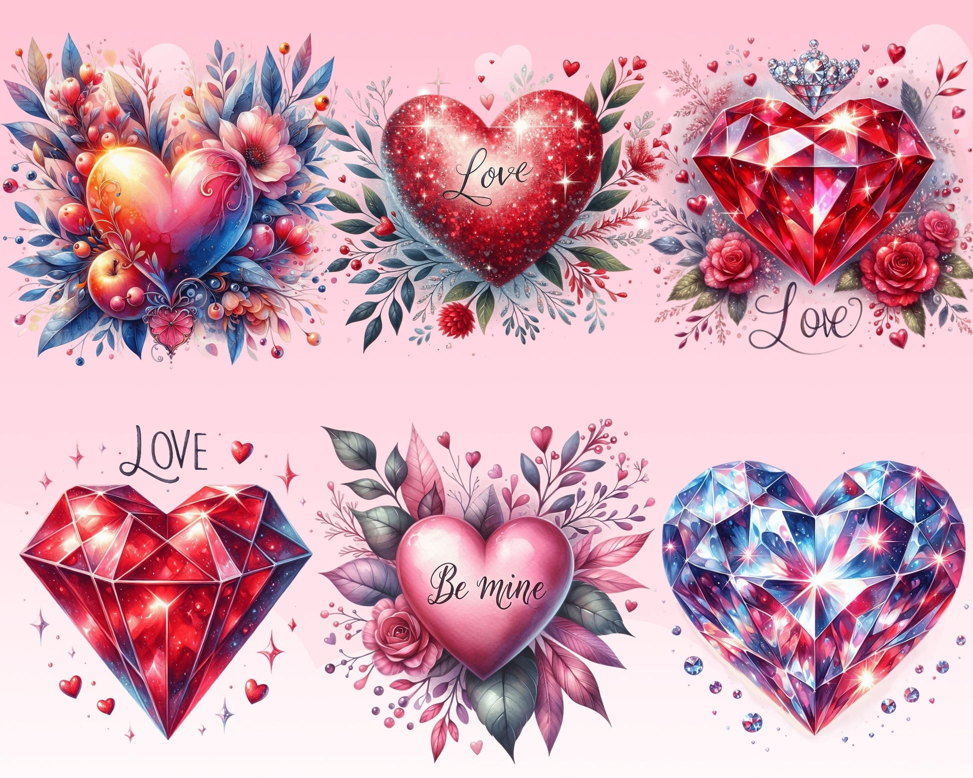 Romantic Valentine Heart Clipart Bundle, 52 PNG High-Res Files for Commercial Use and DIY Projects