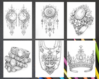 75 Exquisite Jewelry Collection Grayscale Coloring Pages for Adults, Printable PDF Instant Download