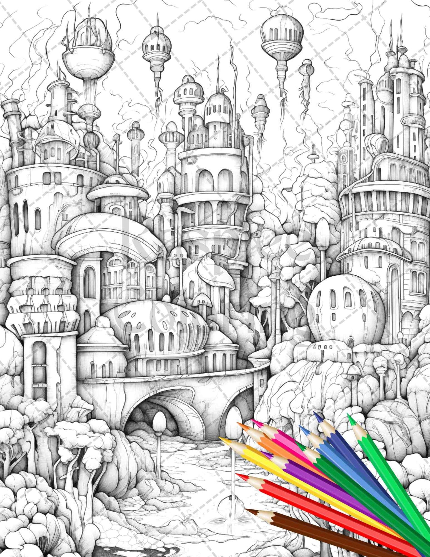 Enchanted Underwater City Grayscale Coloring Pages Printable for Adults, PDF File Instant Download
