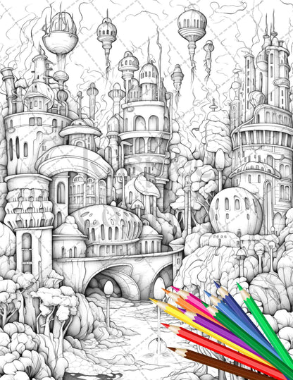 Enchanted Underwater City Grayscale Coloring Pages Printable for Adults, PDF File Instant Download
