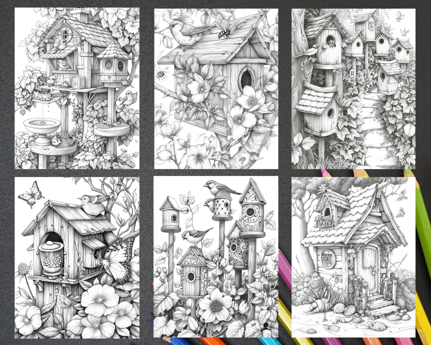70 Enchanted Birdhouses Grayscale Adult Coloring Pages, Printable PDF Instant Download