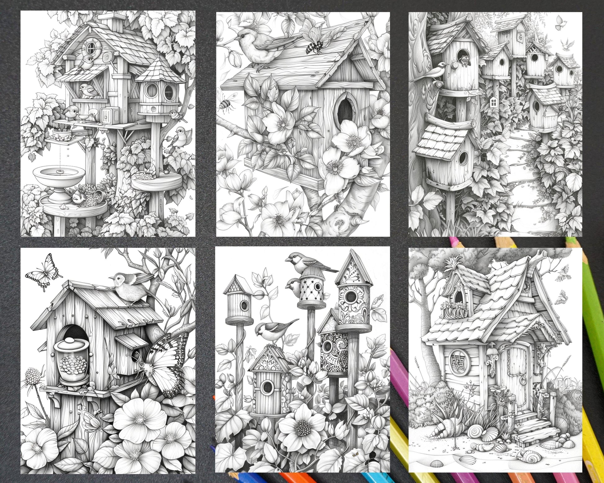 70 Enchanted Birdhouses Grayscale Adult Coloring Pages, Printable PDF Instant Download