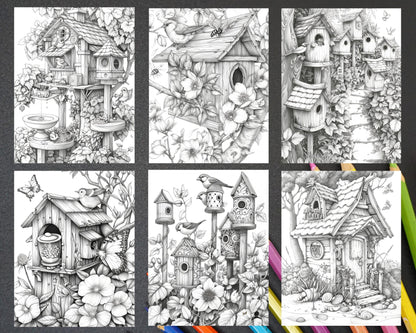70 Enchanted Birdhouses Grayscale Adult Coloring Pages, Printable PDF Instant Download