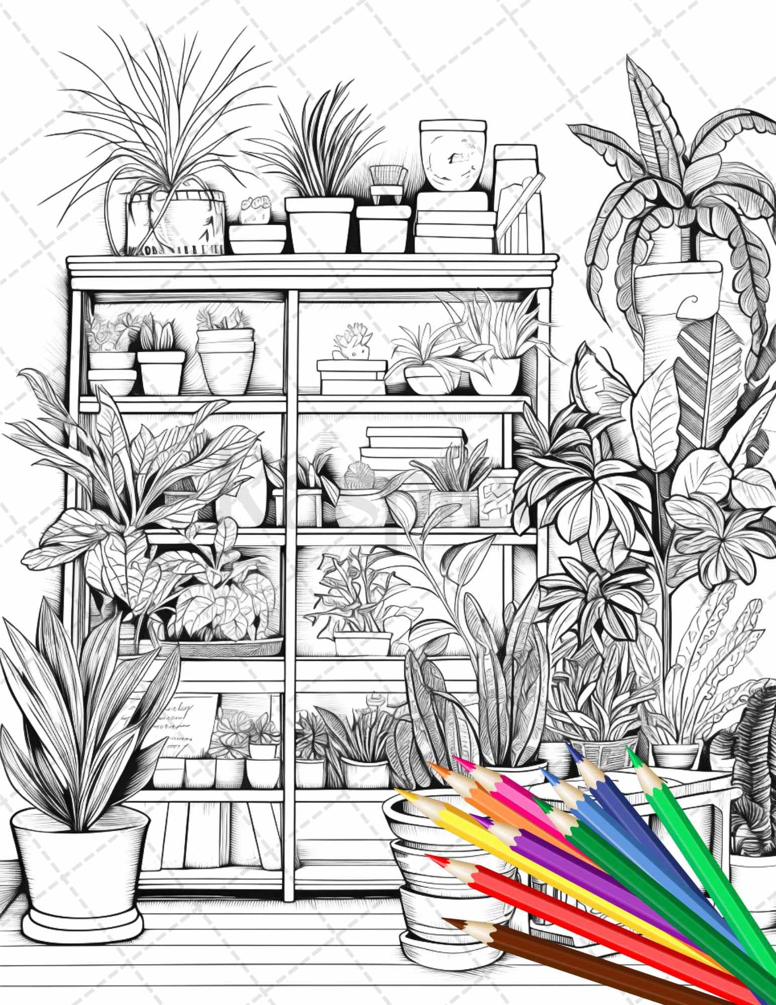 38 Indoor Houseplants Coloring Pages Printable for Adults, Grayscale Coloring Page, PDF File Instant Download