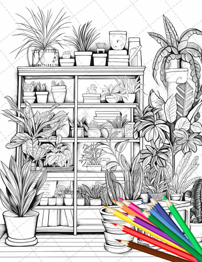 38 Indoor Houseplants Coloring Pages Printable for Adults, Grayscale Coloring Page, PDF File Instant Download
