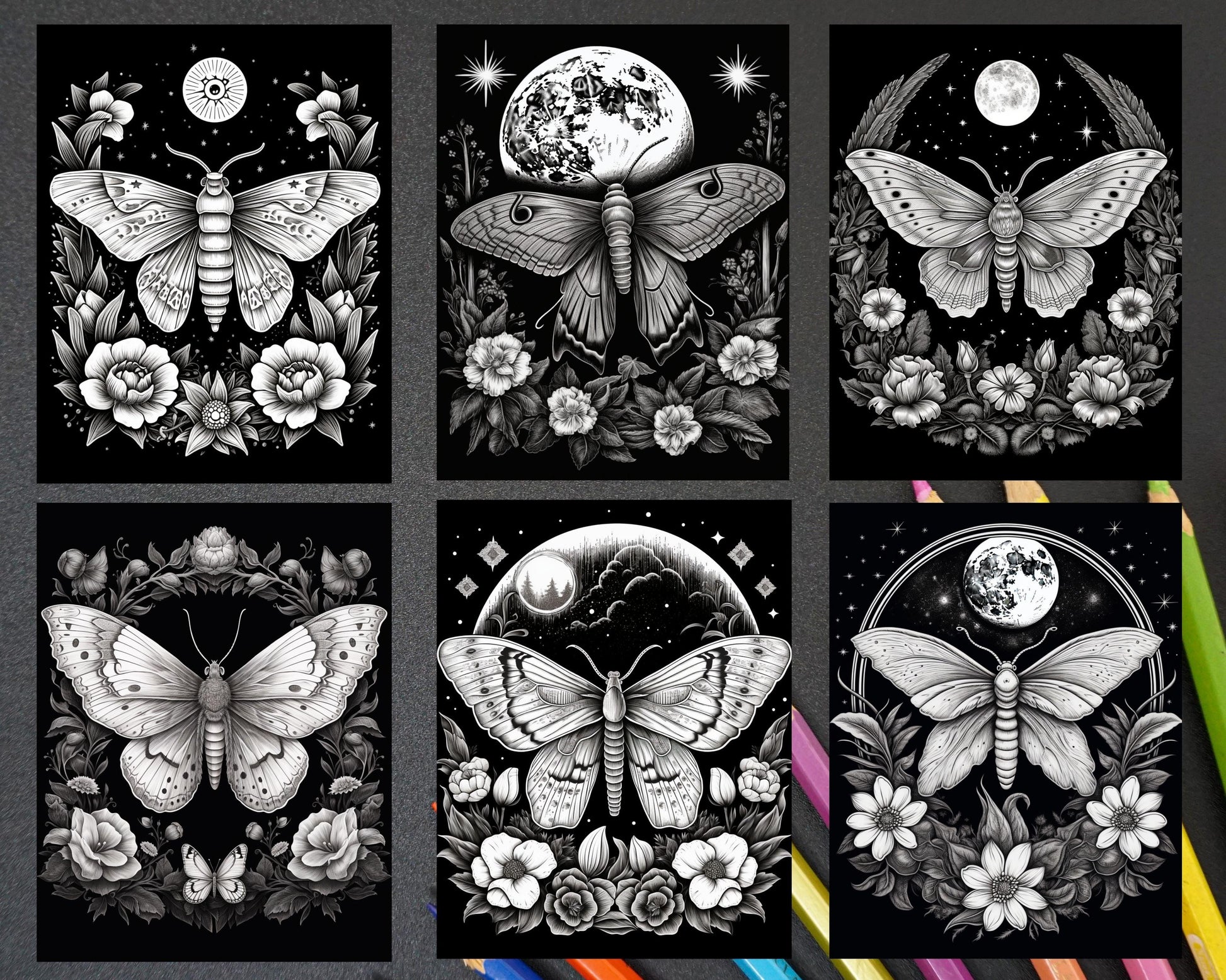 32 Beautiful Moths and Floral Coloring Book for Adults, Grayscale Coloring Page, Printable PDF Instant Download