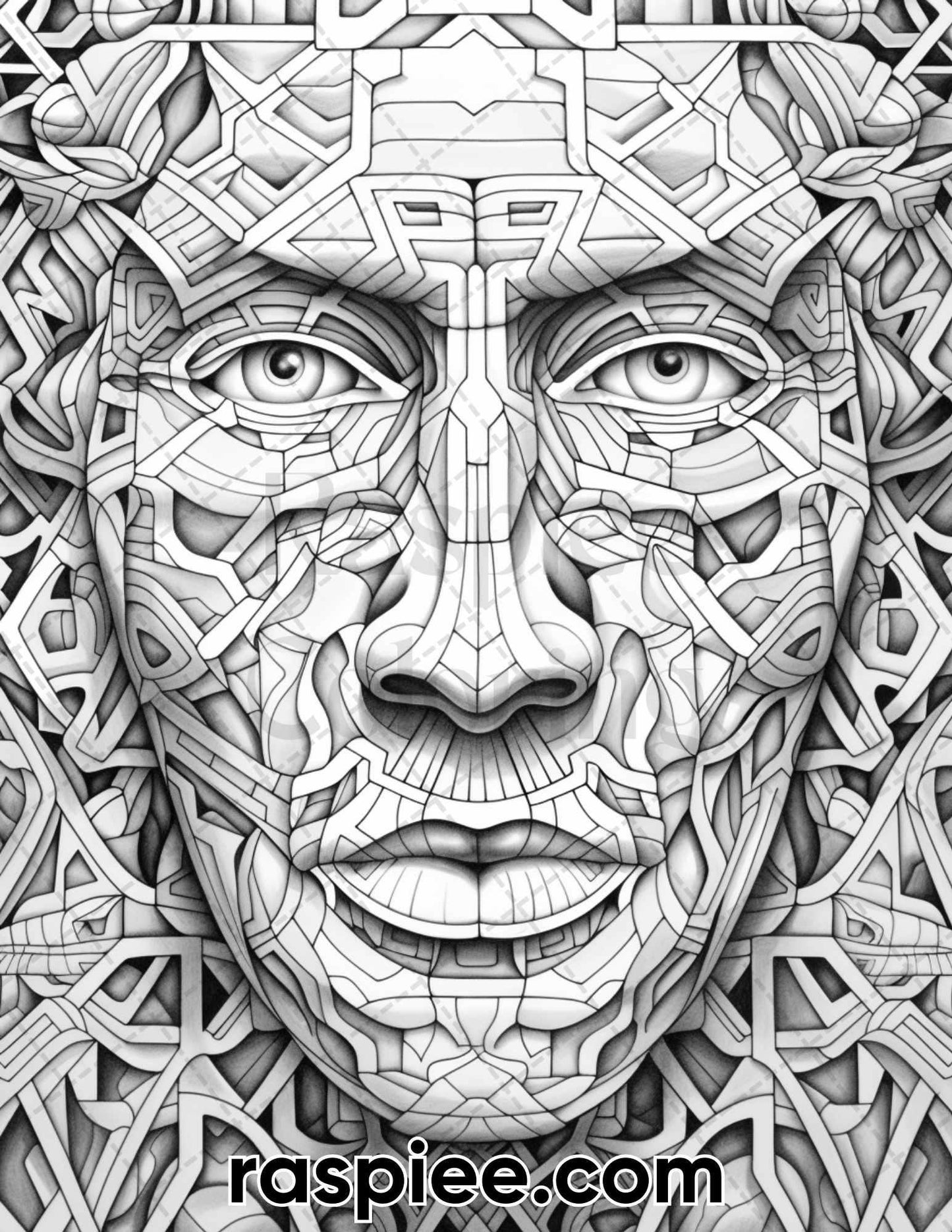 60 Abstract Faces Grayscale Adult Coloring Pages, Printable PDF Instant Download