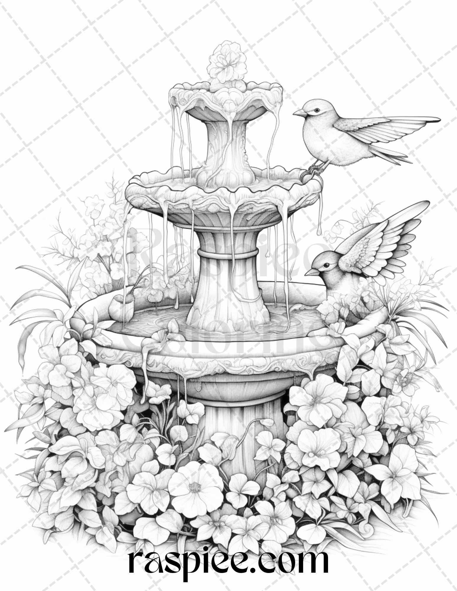 32 Blooming Fountains Grayscale Coloring Pages Printable for Adults, PDF File Instant Download