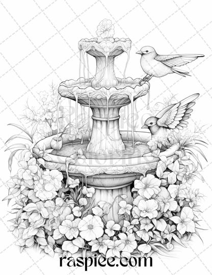 32 Blooming Fountains Grayscale Coloring Pages Printable for Adults, PDF File Instant Download