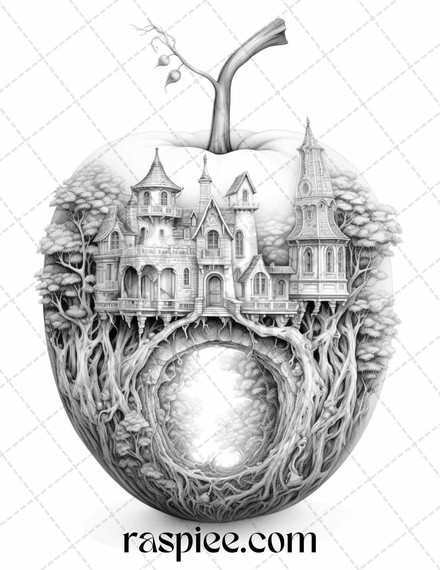 60 Miniworld in the Apple Grayscale Coloring Pages Printable for Adults, PDF File Instant Download