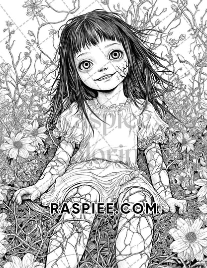 Haunted Dolls Halloween Horror Adult Coloring Pages Printable PDF Instant Download