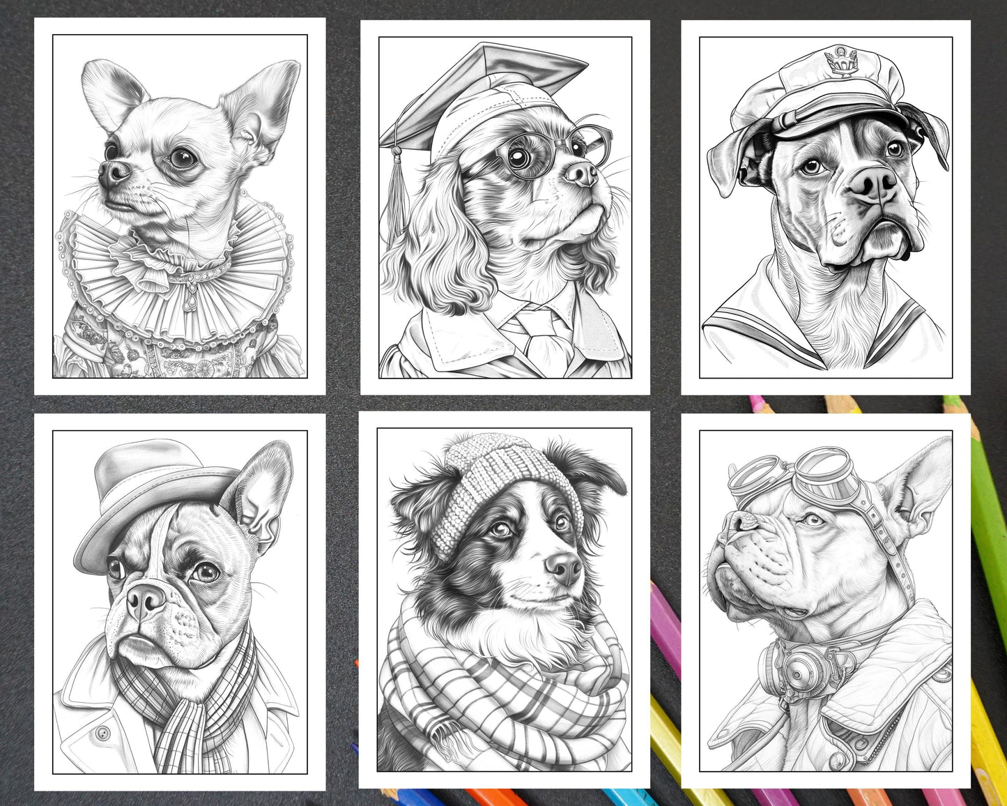 50 Dogs Dressed Up Adult Coloring Pages Printable PDF Instant Download