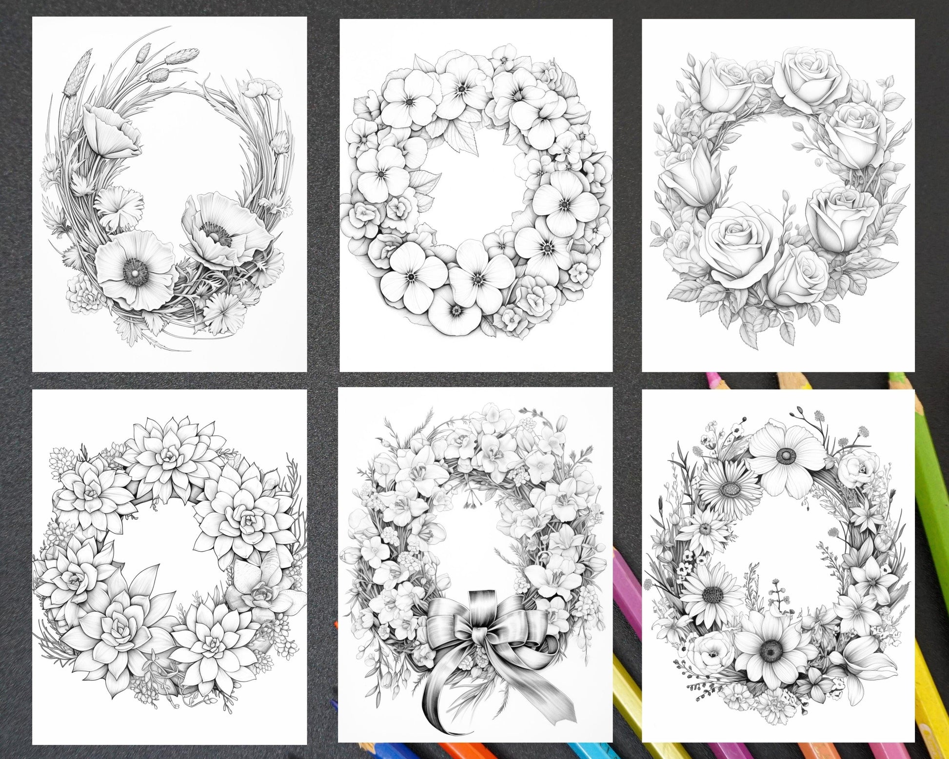 65 Spring Floral Wreaths Grayscale Adult Coloring Pages, Printable PDF Instant Download