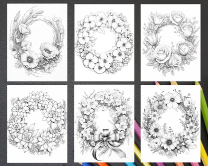 65 Spring Floral Wreaths Grayscale Adult Coloring Pages, Printable PDF Instant Download