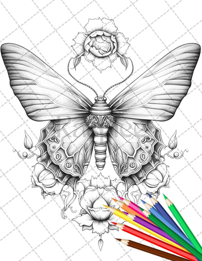 32 Beautiful Moths and Floral Coloring Book for Adults, Grayscale Coloring Page, Printable PDF Instant Download