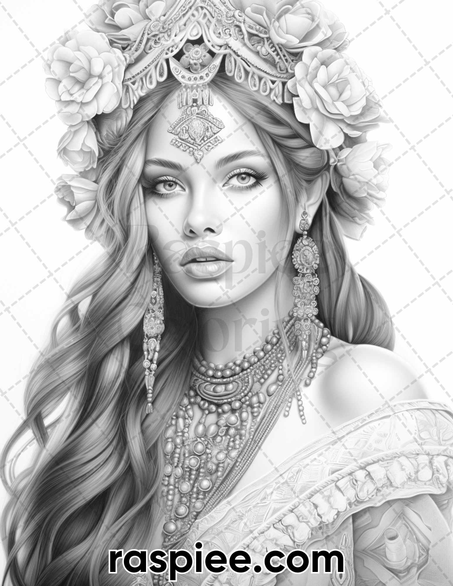 60 Bohemian Beauties Grayscale Coloring Pages for Adults, Printable PDF Instant Download