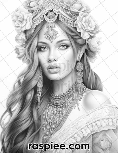 60 Bohemian Beauties Grayscale Coloring Pages for Adults, Printable PDF Instant Download