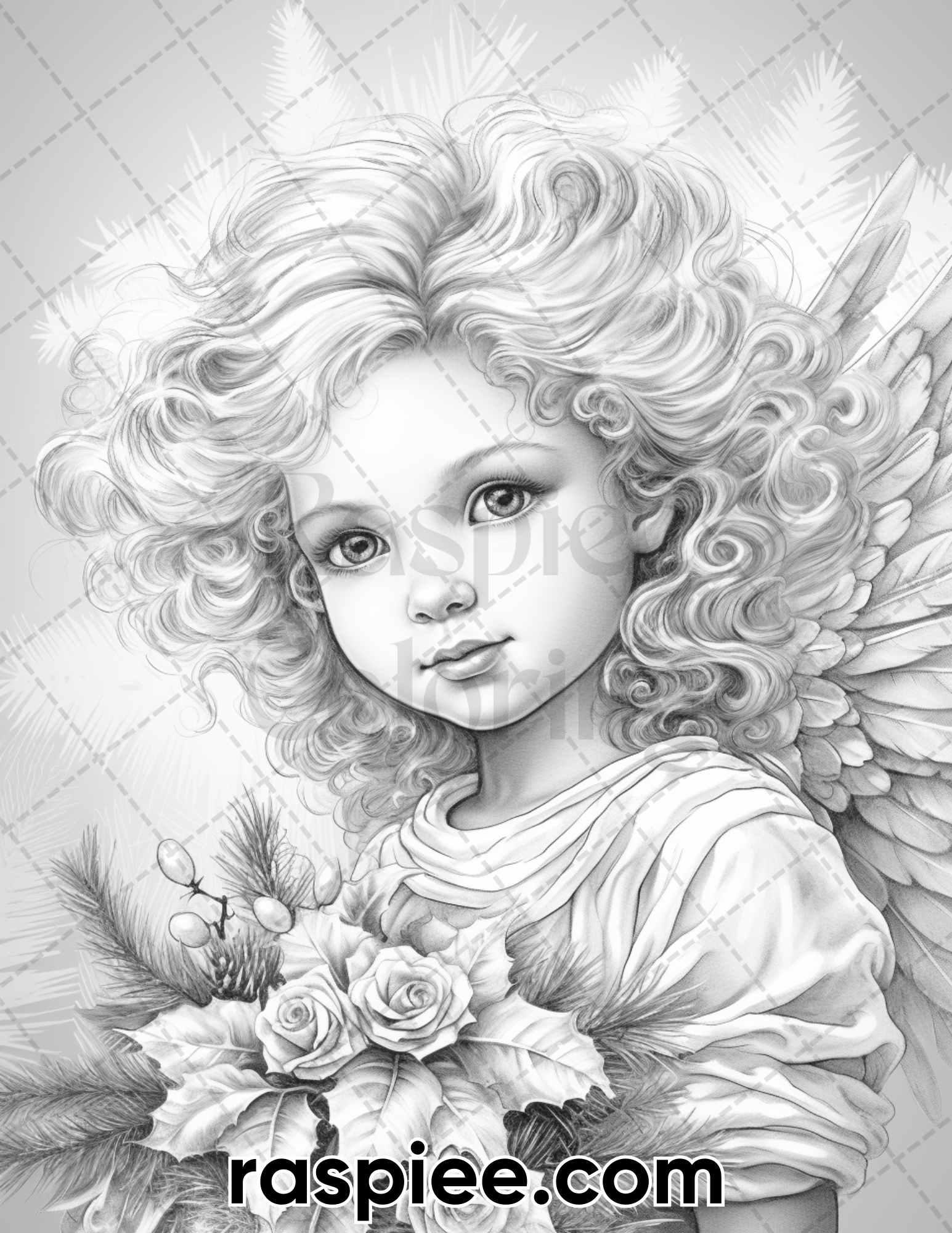 55 Christmas Angel Grayscale Coloring Pages for Adults, Printable PDF Instant Download