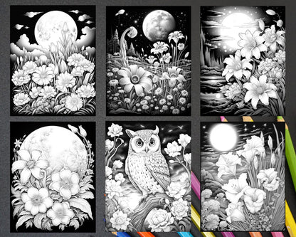 50 Flowers Under Moonlight Grayscale Coloring Pages for Adults, Printable PDF Instant Download