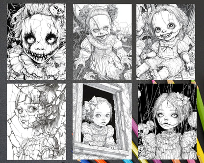Haunted Dolls Halloween Horror Adult Coloring Pages Printable PDF Instant Download
