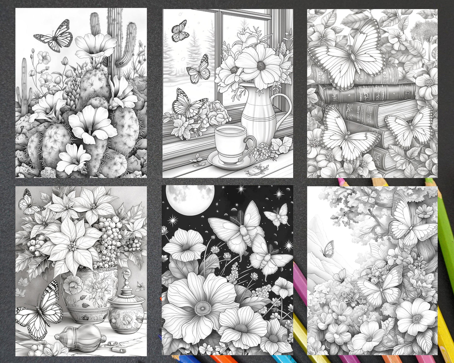 50 Butterflies & Flowers Grayscale Adult Coloring Pages Printable PDF Instant Download