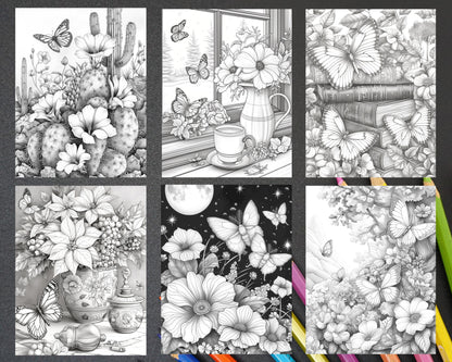 50 Butterflies & Flowers Grayscale Adult Coloring Pages Printable PDF Instant Download