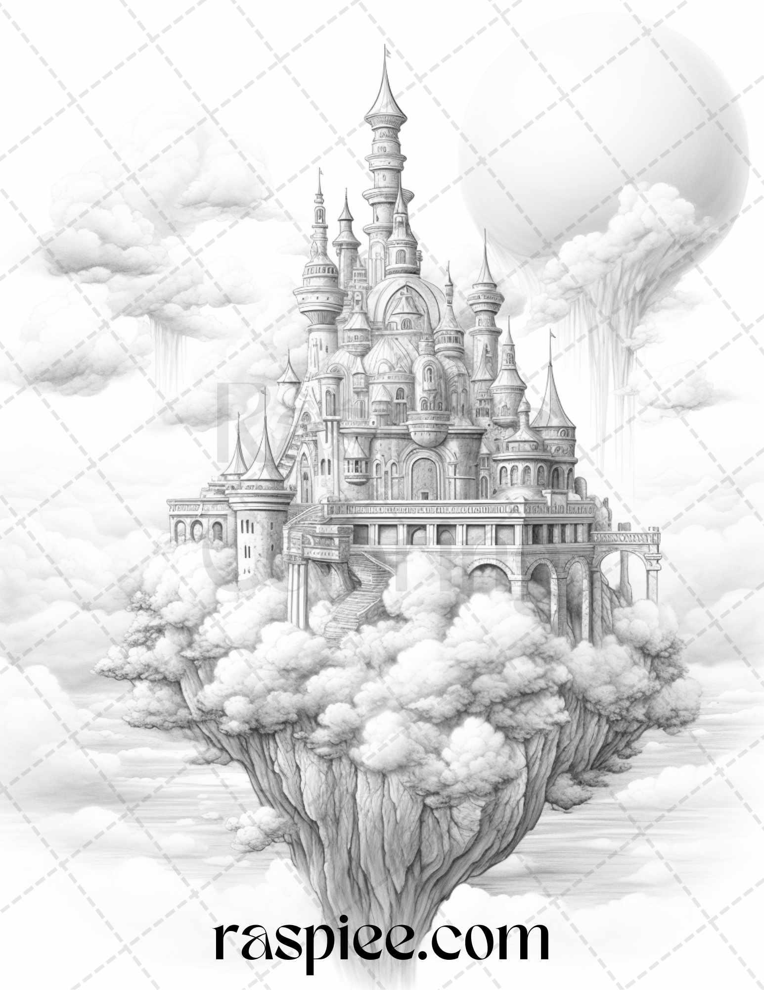 Floating Castle in the Sky Grayscale Coloring Pages for Adults, Printable PDF File Instant Download