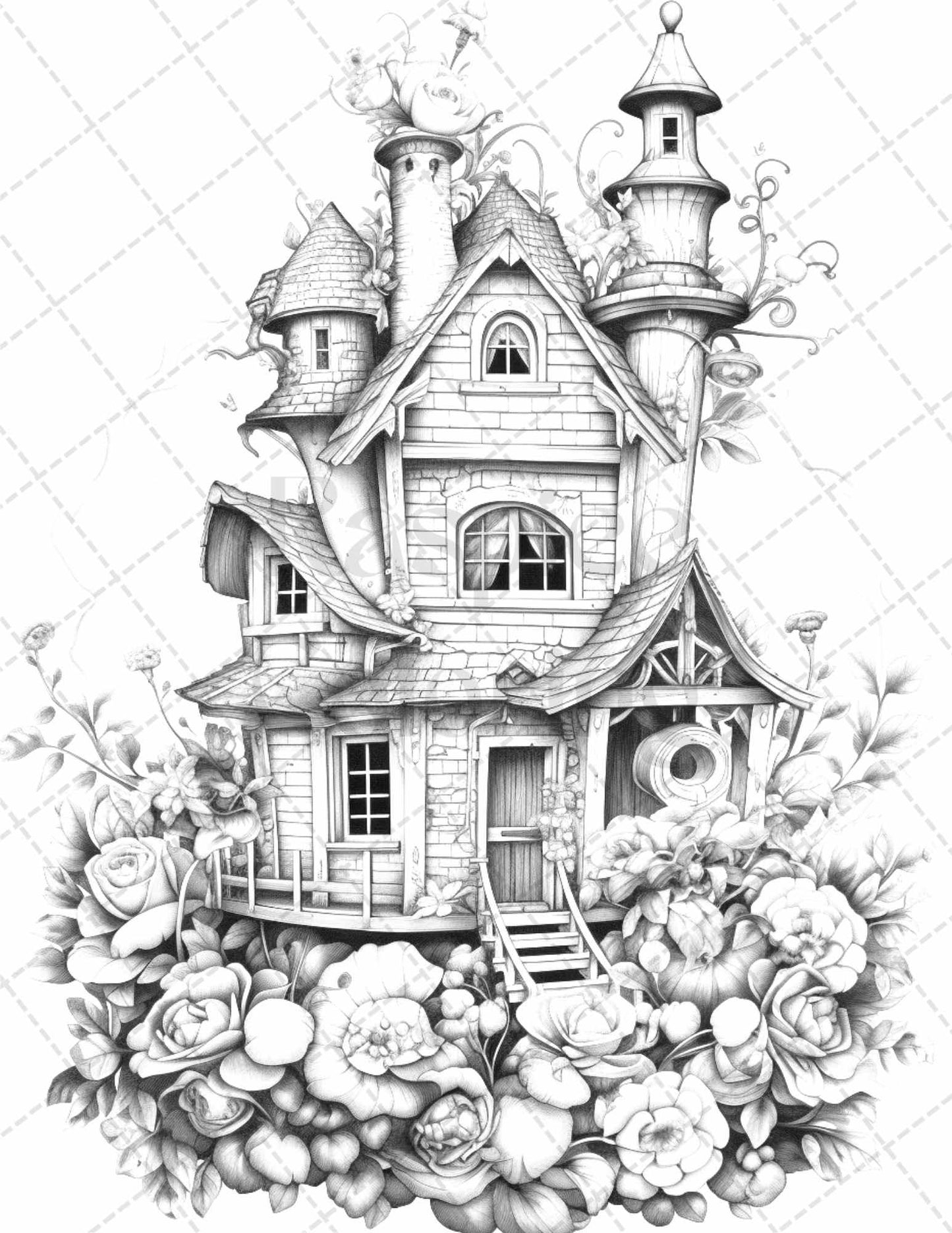 60 Flower Houses Grayscale Coloring Pages Printable for Adults, PDF File Instant Download