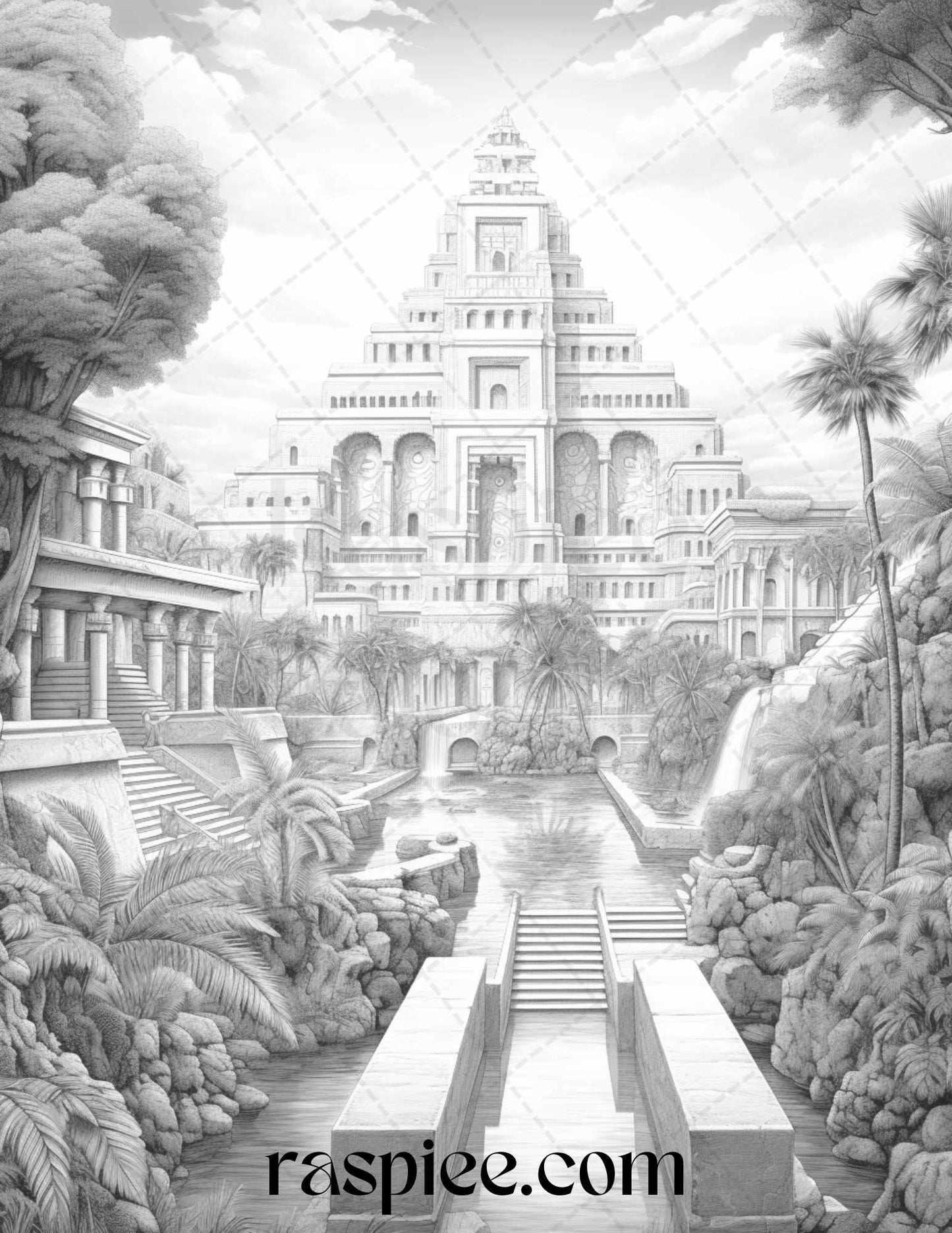 Hanging Gardens of Babylon Grayscale Coloring Pages Printable, PDF File Instant Download