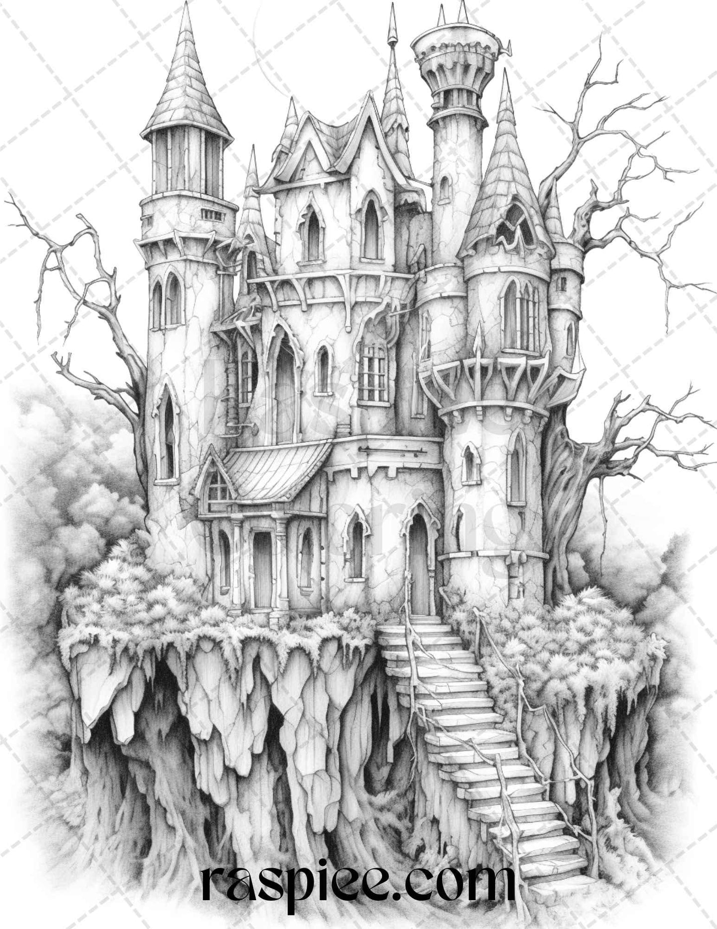 50 Haunted Castles Grayscale Coloring Pages Printable, Halloween Coloring Book, PDF File Instant Download