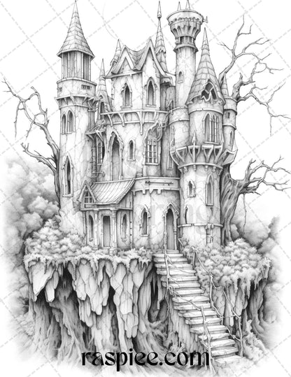 50 Haunted Castles Grayscale Coloring Pages Printable, Halloween Coloring Book, PDF File Instant Download